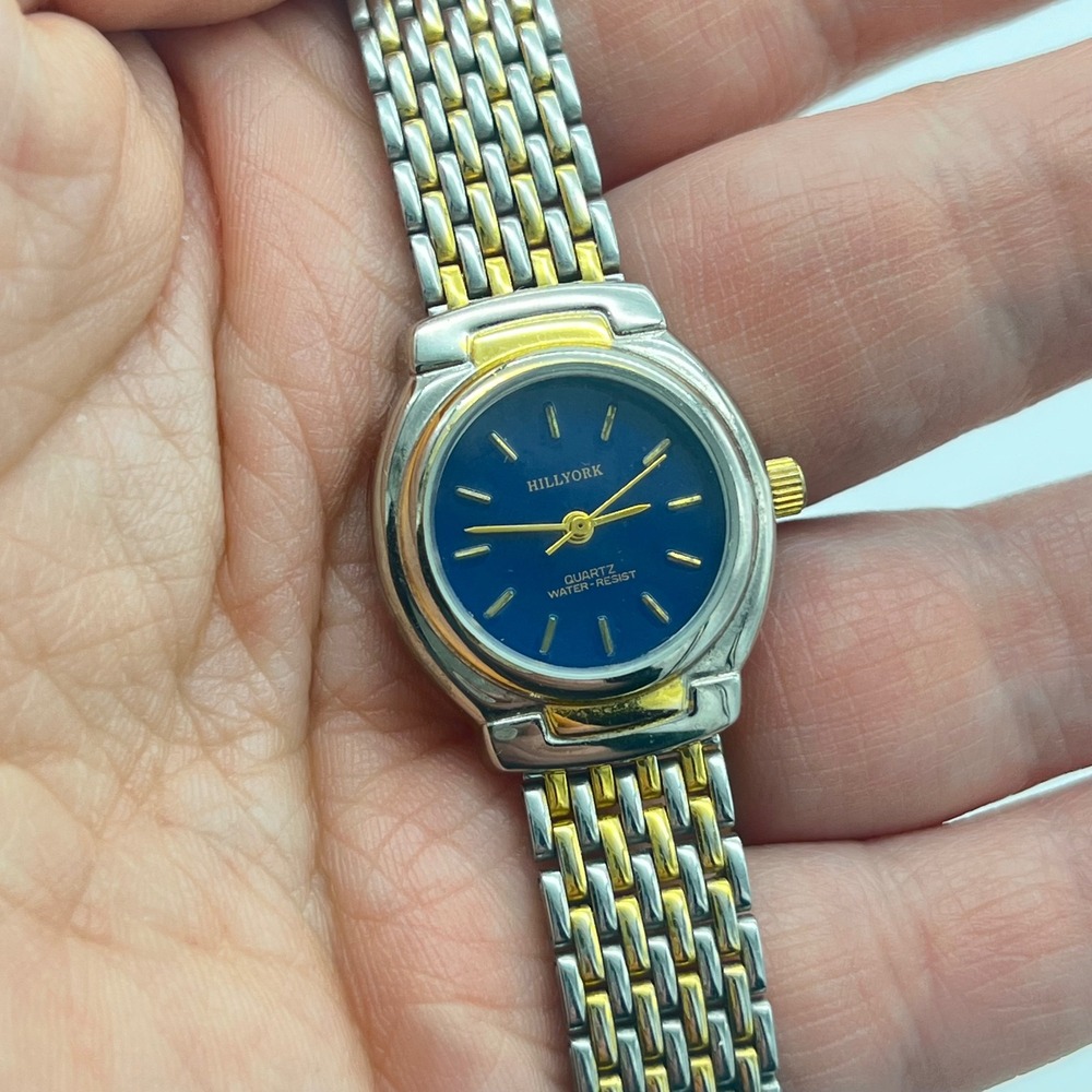 Hillyork Quartz Watch Two Tone Silver Gold Blue Dial Stainless Steel